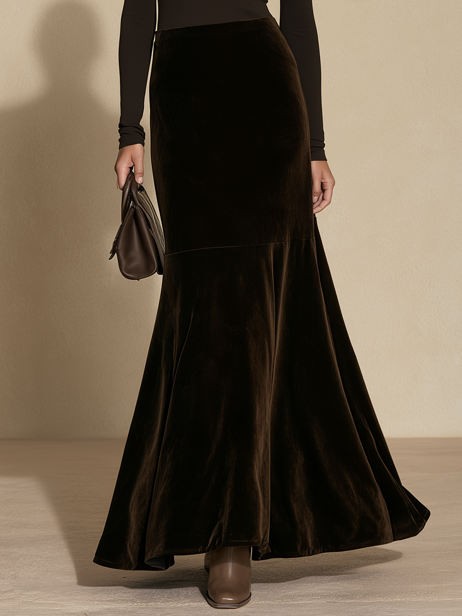 Women's Turtleneck Top Velvet Mermaid Skirt Brown Set