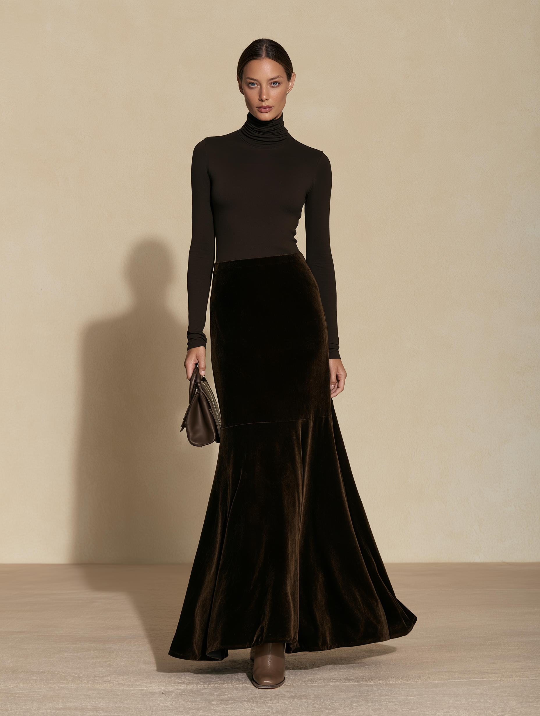 Women's Turtleneck Top Velvet Mermaid Skirt Brown Set
