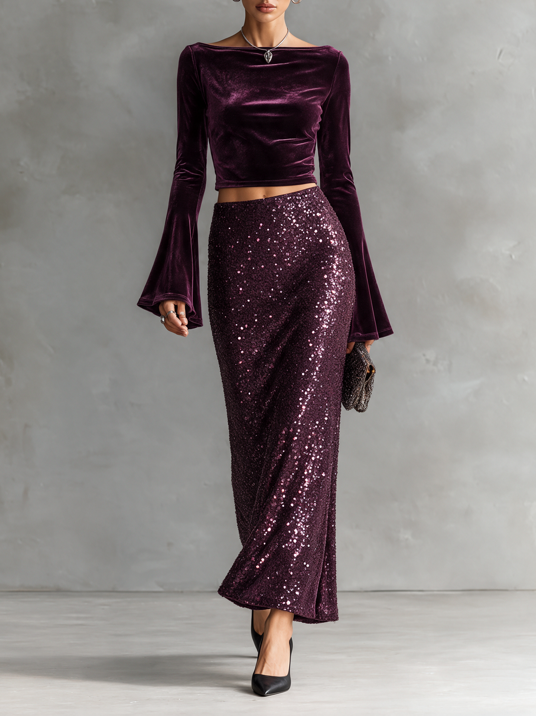 Women's Plum Sequin Maxi Skirt And Velvet Blouse Set