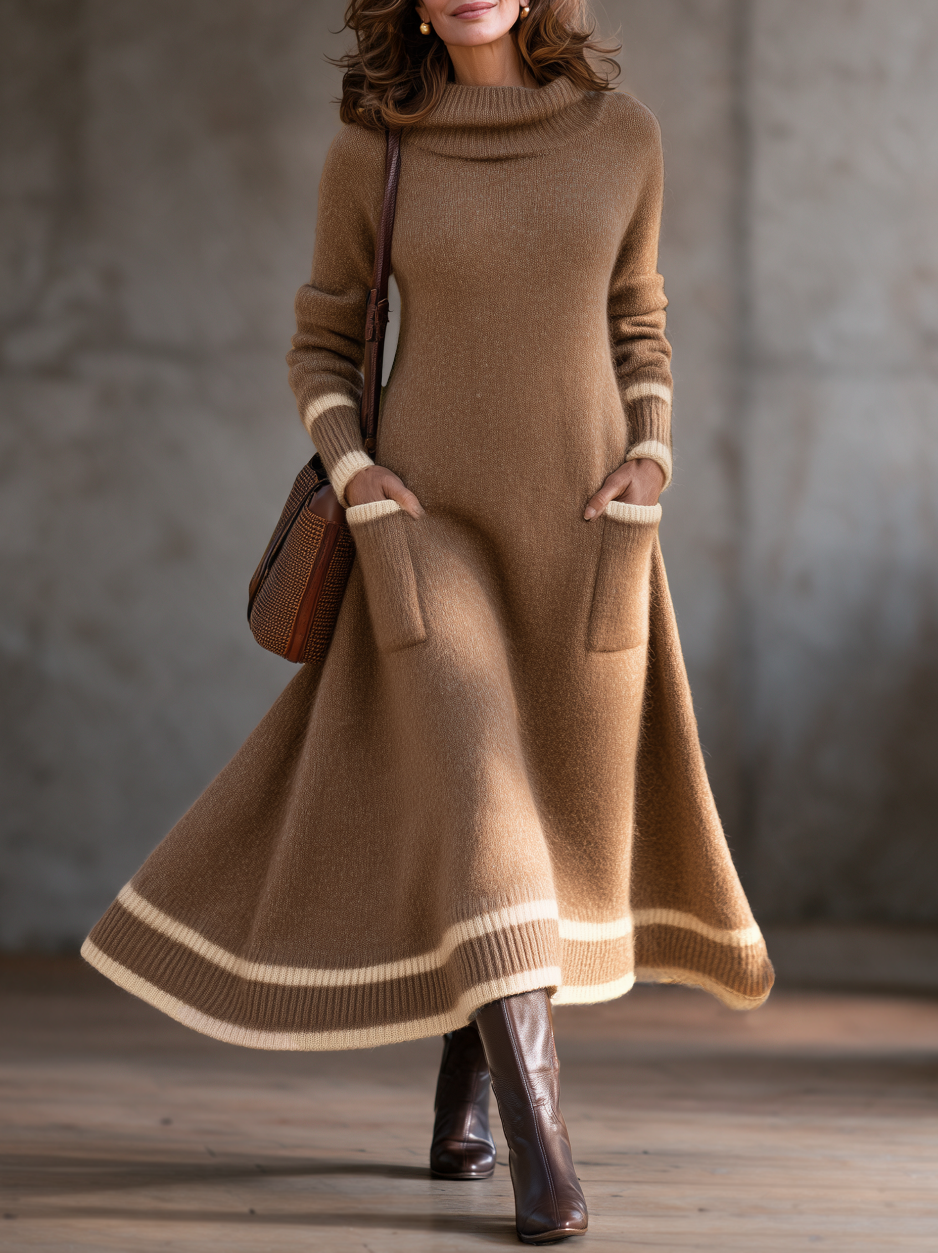 Women's Cowl Neck Sweater Dress With Stripe Trim Knit Maxi Dress