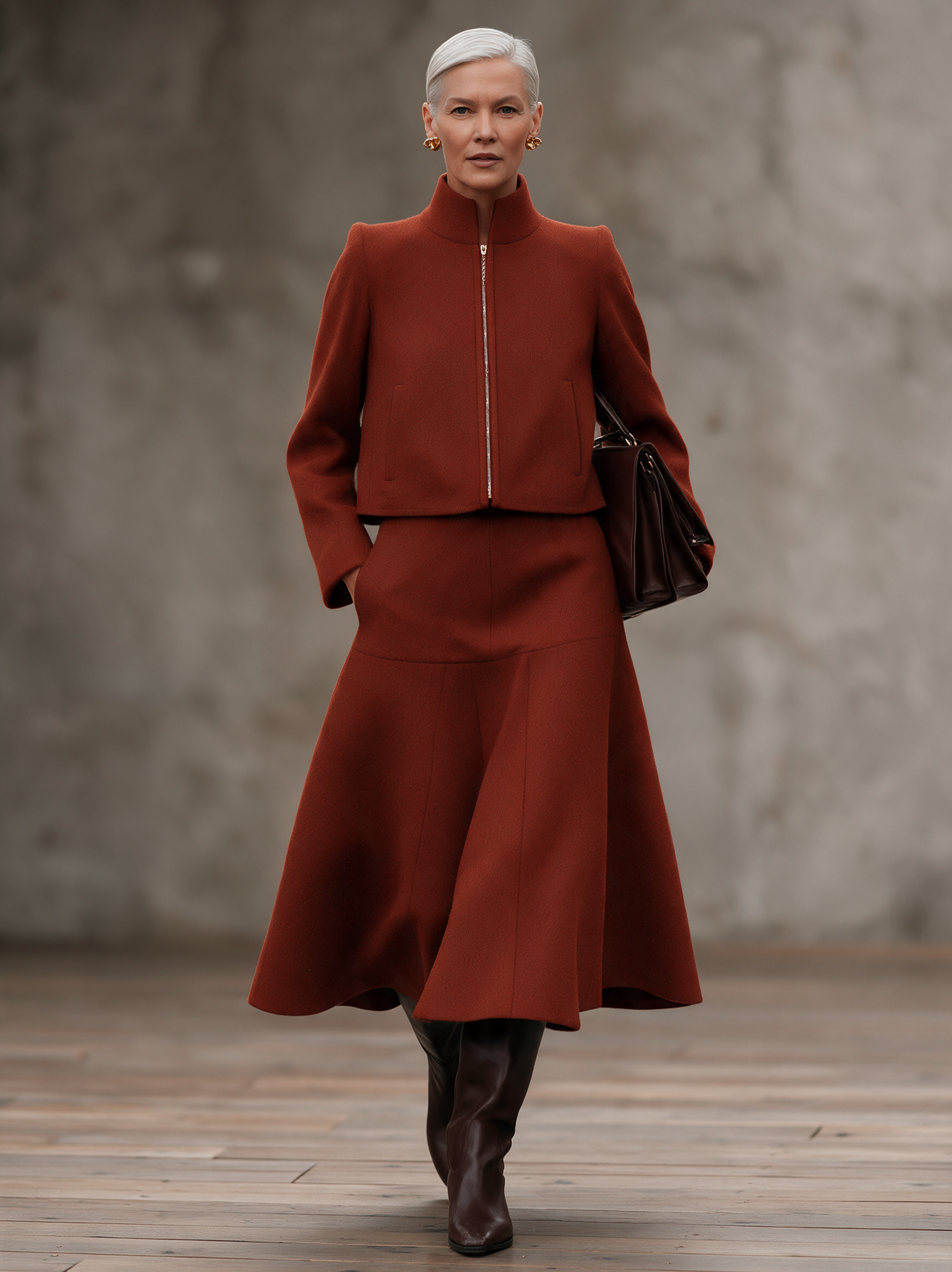 Women's Woolen Two-Piece Set Cropped Stand Collar Zip Jacket And Flared Midi Skirt