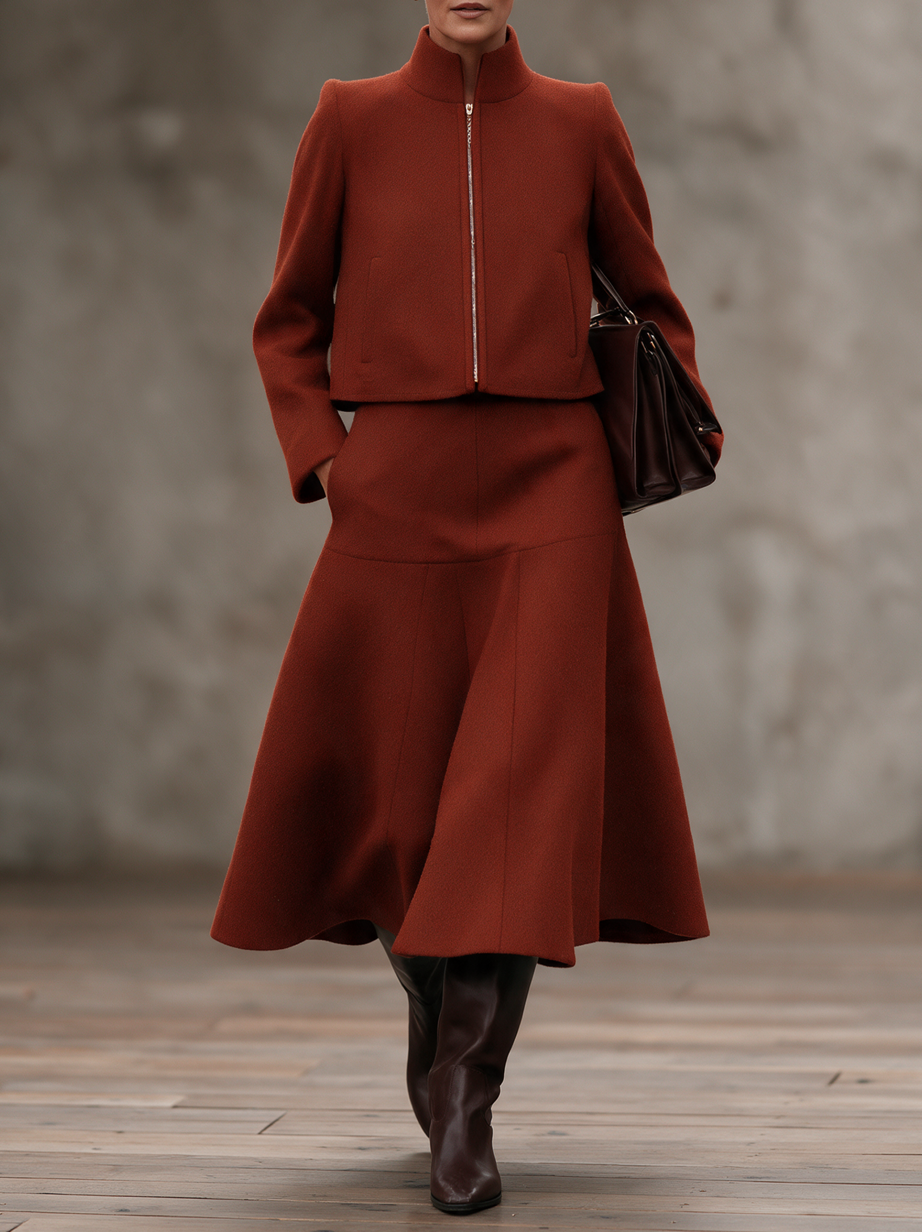 Women's Woolen Two-Piece Set Cropped Stand Collar Zip Jacket And Flared Midi Skirt