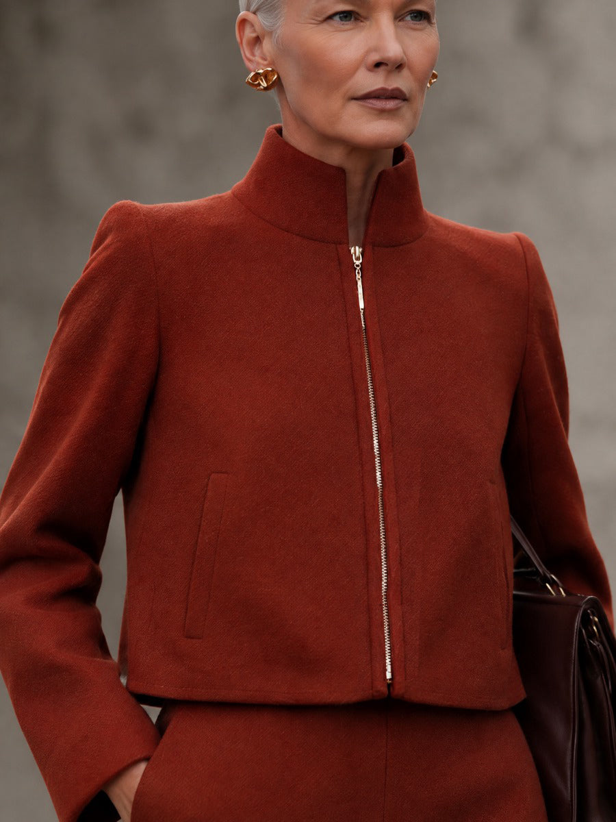Women's Woolen Two-Piece Set Cropped Stand Collar Zip Jacket And Flared Midi Skirt