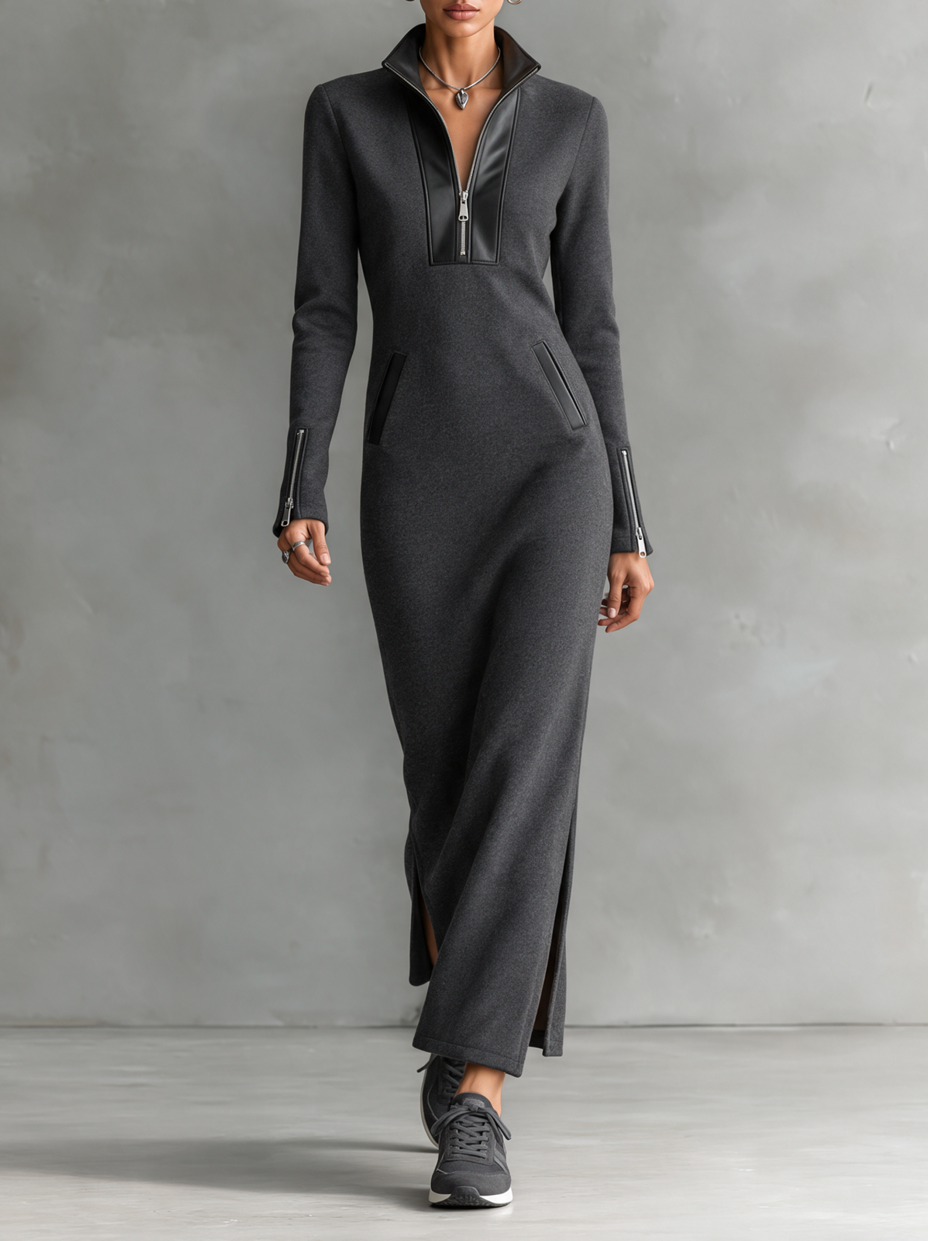 Women's Half-Zip Stand Collar Maxi Dress With Leather Trim