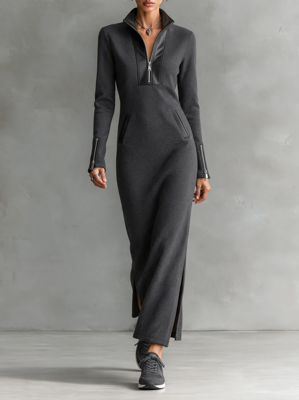 Women's Half-Zip Stand Collar Maxi Dress With Leather Trim