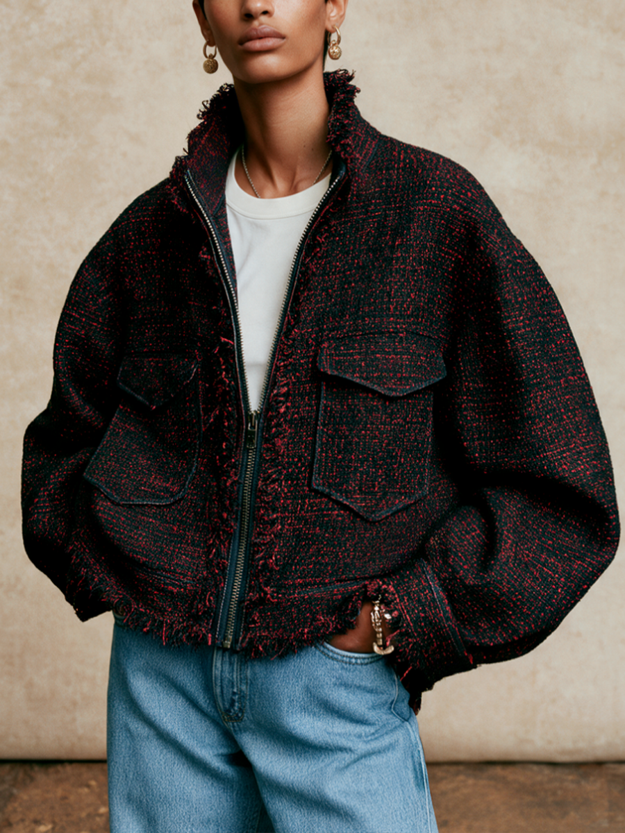Women's Frayed Trim Casual Stand Collar Tweed Jacket
