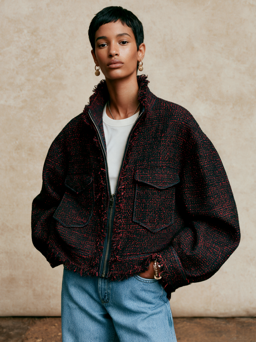 Women's Frayed Trim Casual Stand Collar Tweed Jacket