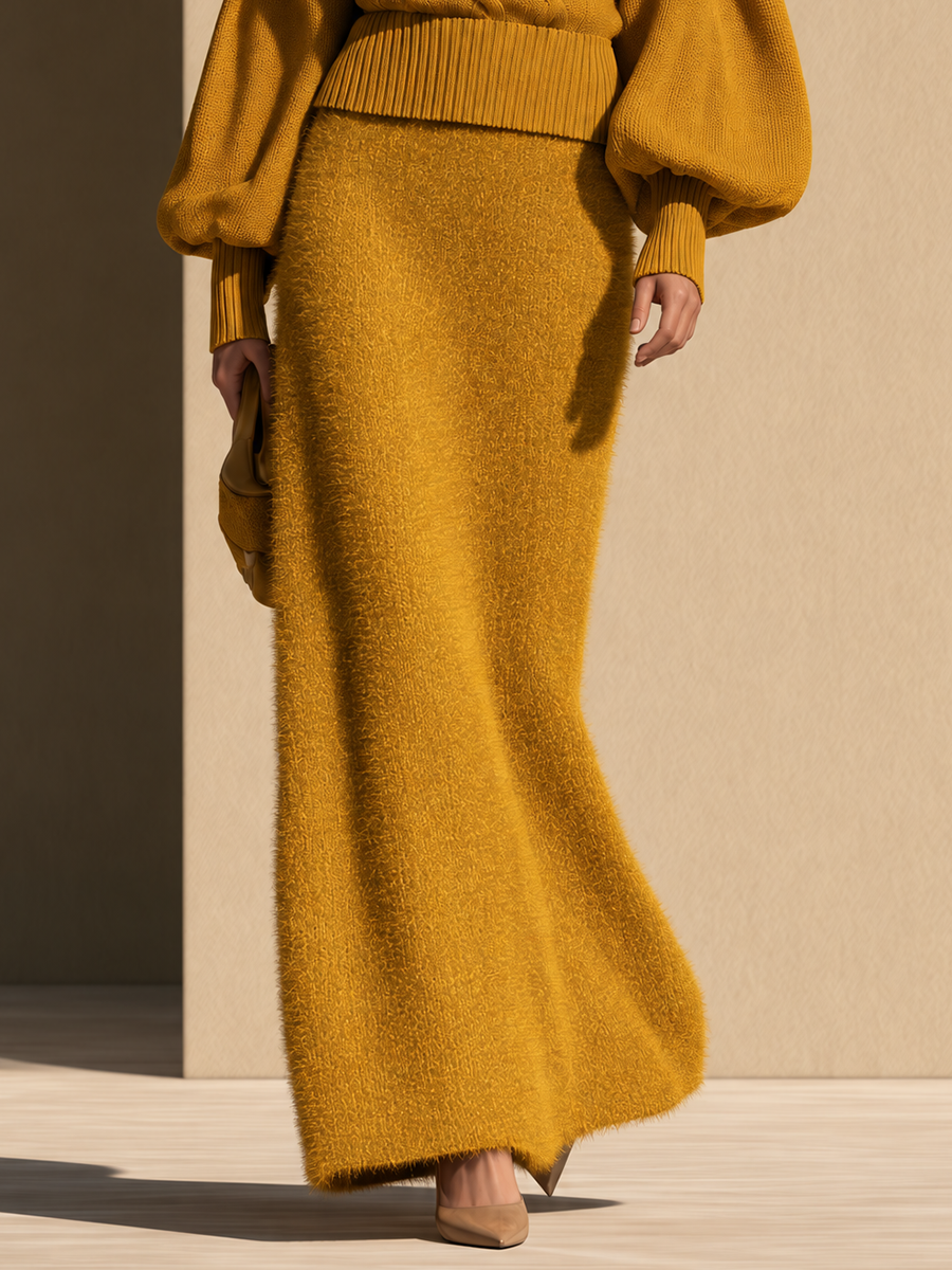 Women's Fluffy Textured Knit Mustard Yellow Maxi Skirt