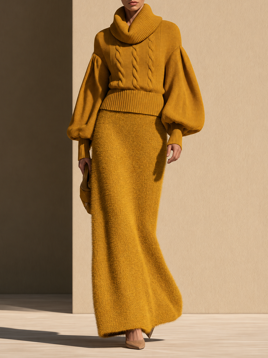 Women's Fluffy Textured Knit Mustard Yellow Maxi Skirt
