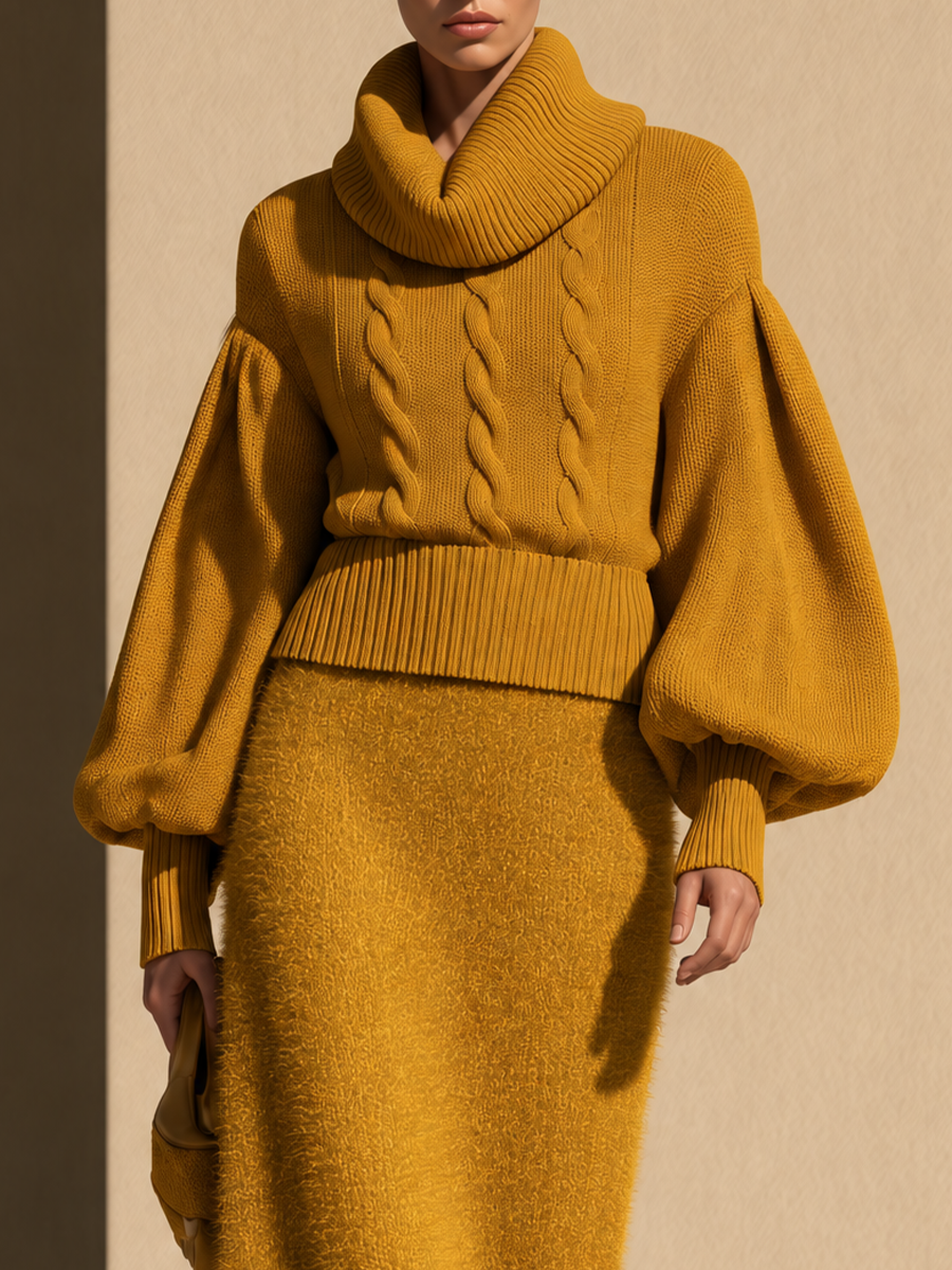 Women's Cable-Knit Turtleneck Balloon Sleeve Sweater