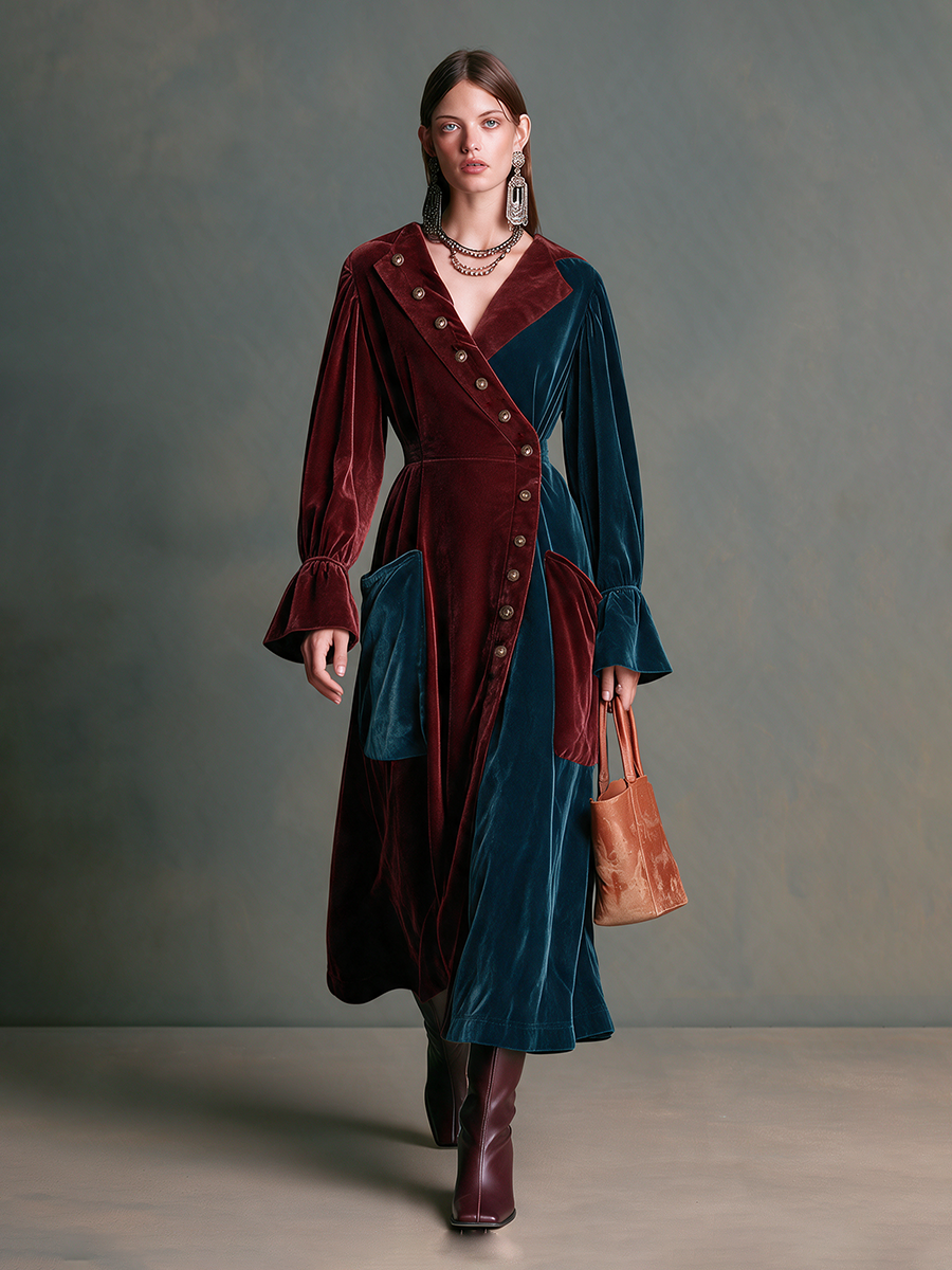 Women's Burgundy And Teal Color-Block Velvet Diagonal-Button Maxi Dress