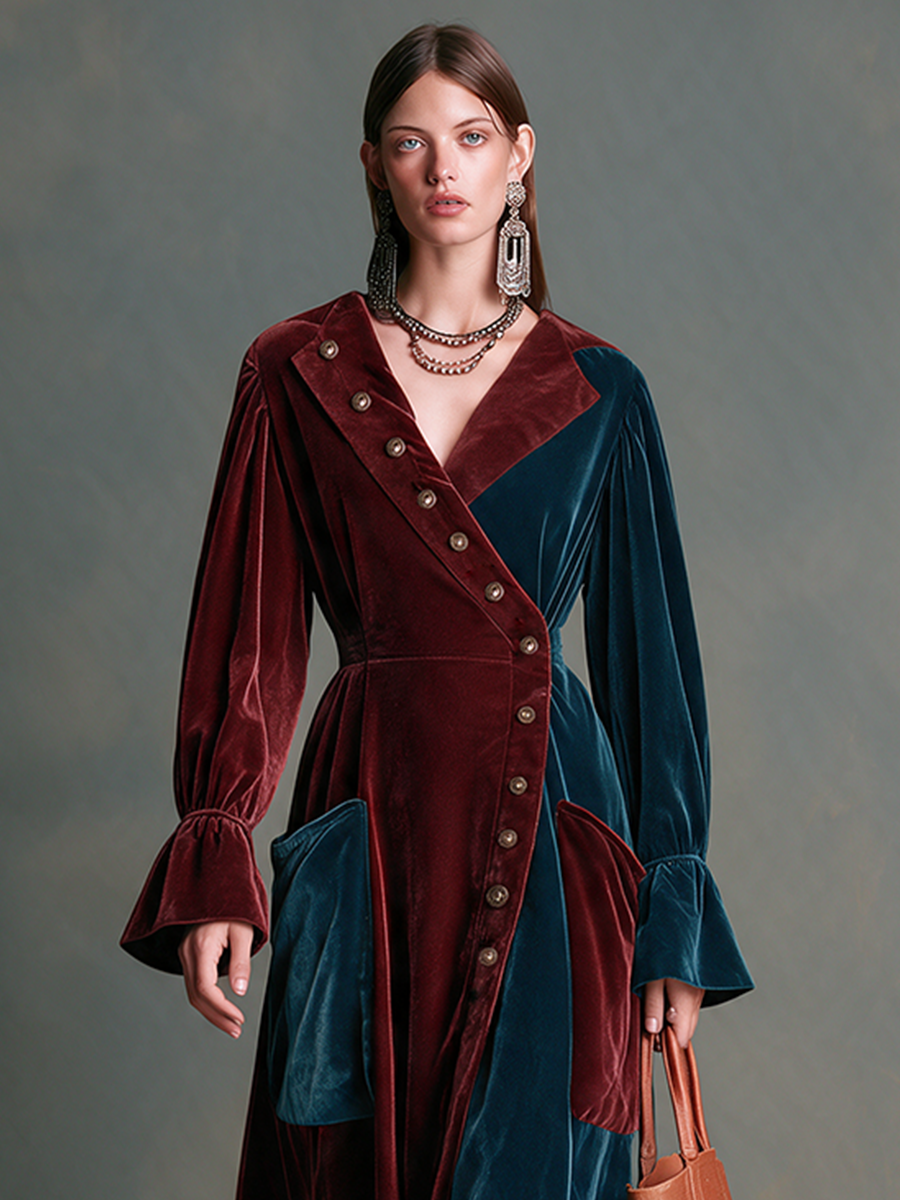 Women's Burgundy And Teal Color-Block Velvet Diagonal-Button Maxi Dress