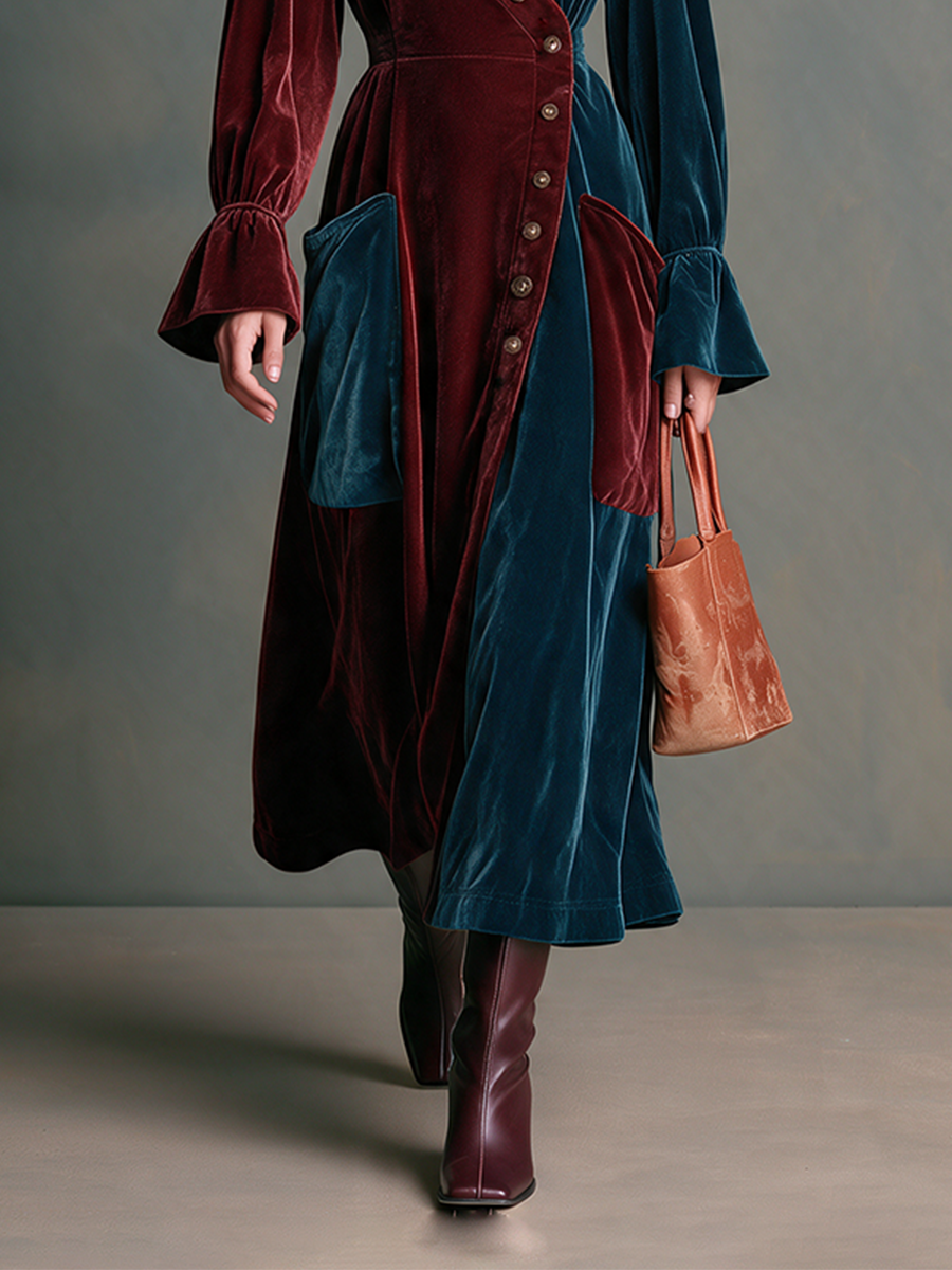 Women's Burgundy And Teal Color-Block Velvet Diagonal-Button Maxi Dress