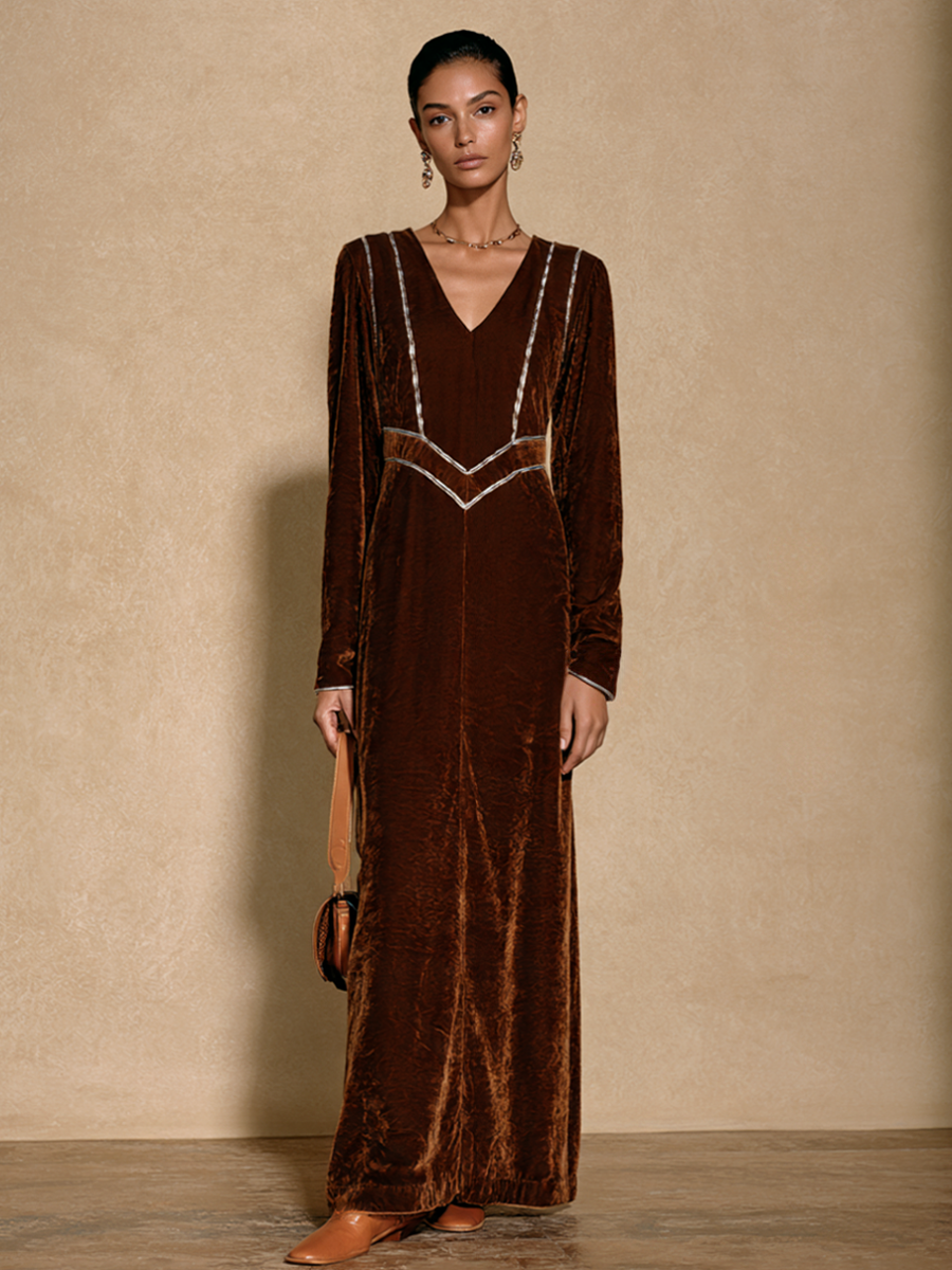 Women's Silver Trim Elegant V-Neck Velvet Maxi Dress