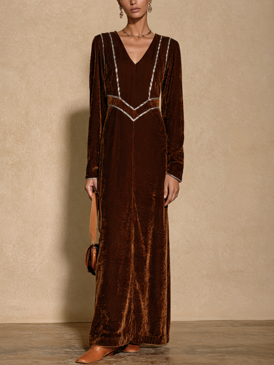 Women's Silver Trim Elegant V-Neck Velvet Maxi Dress