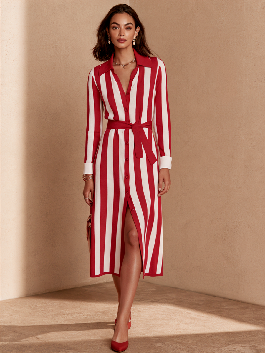 Women's Striped Belted Casual Knit Midi Dress