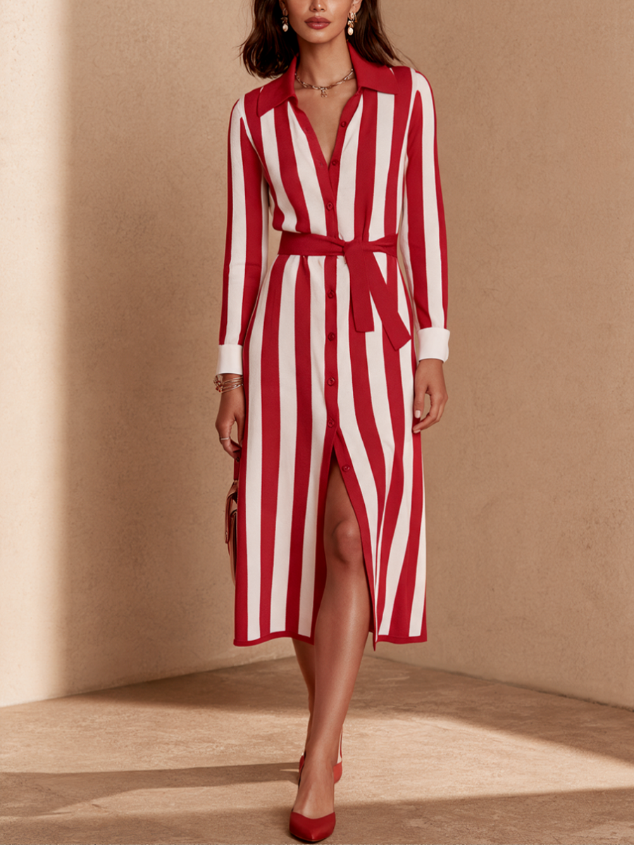 Women's Striped Belted Casual Knit Midi Dress