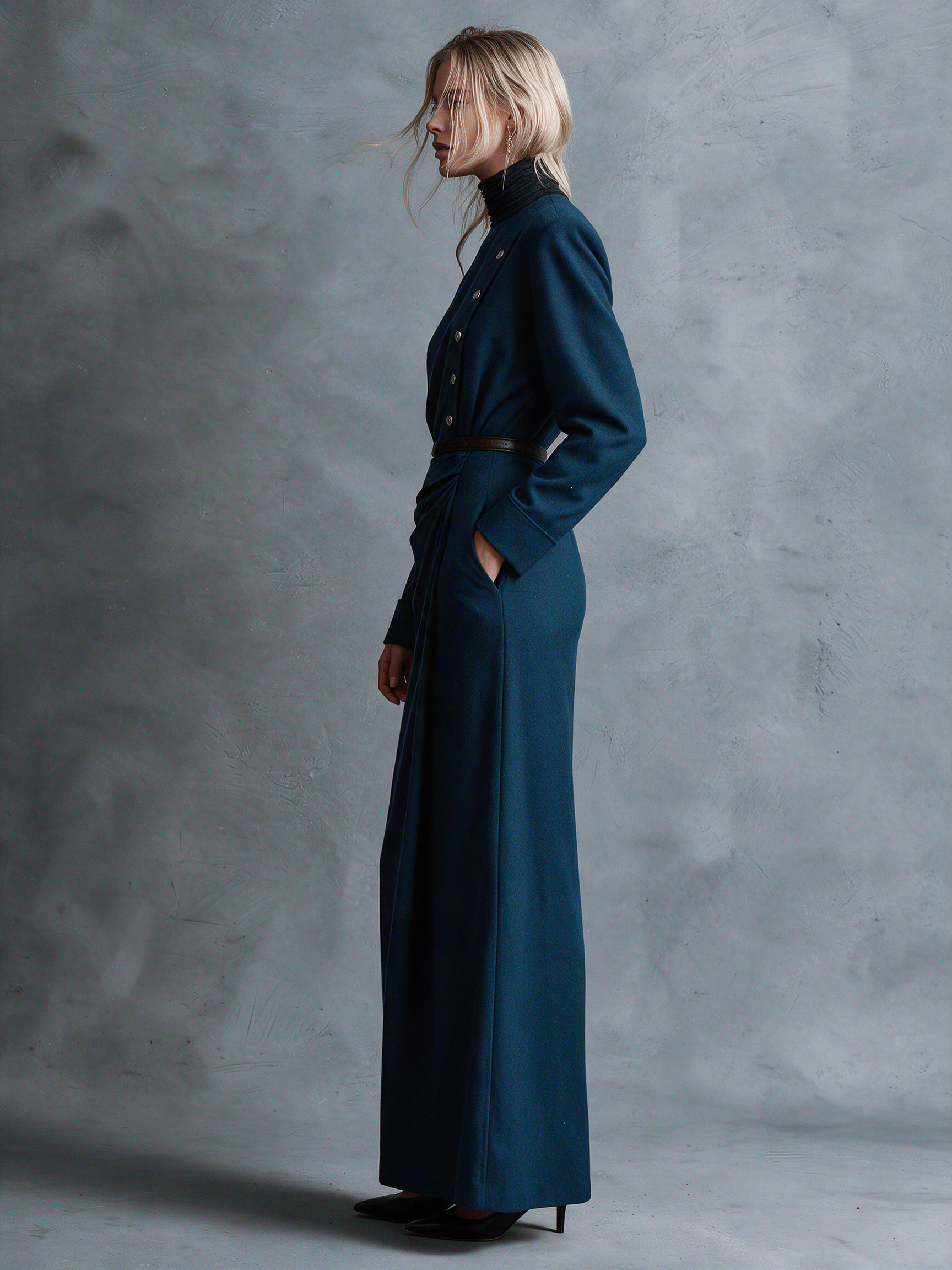 Women's Teal Mock‑Neck Asymmetric Button‑Front Padded Shoulder Wrap Skirt Long Sleeve Maxi Dress