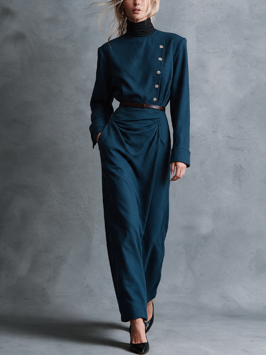 Women's Teal Mock‑Neck Asymmetric Button‑Front Padded Shoulder Wrap Skirt Long Sleeve Maxi Dress