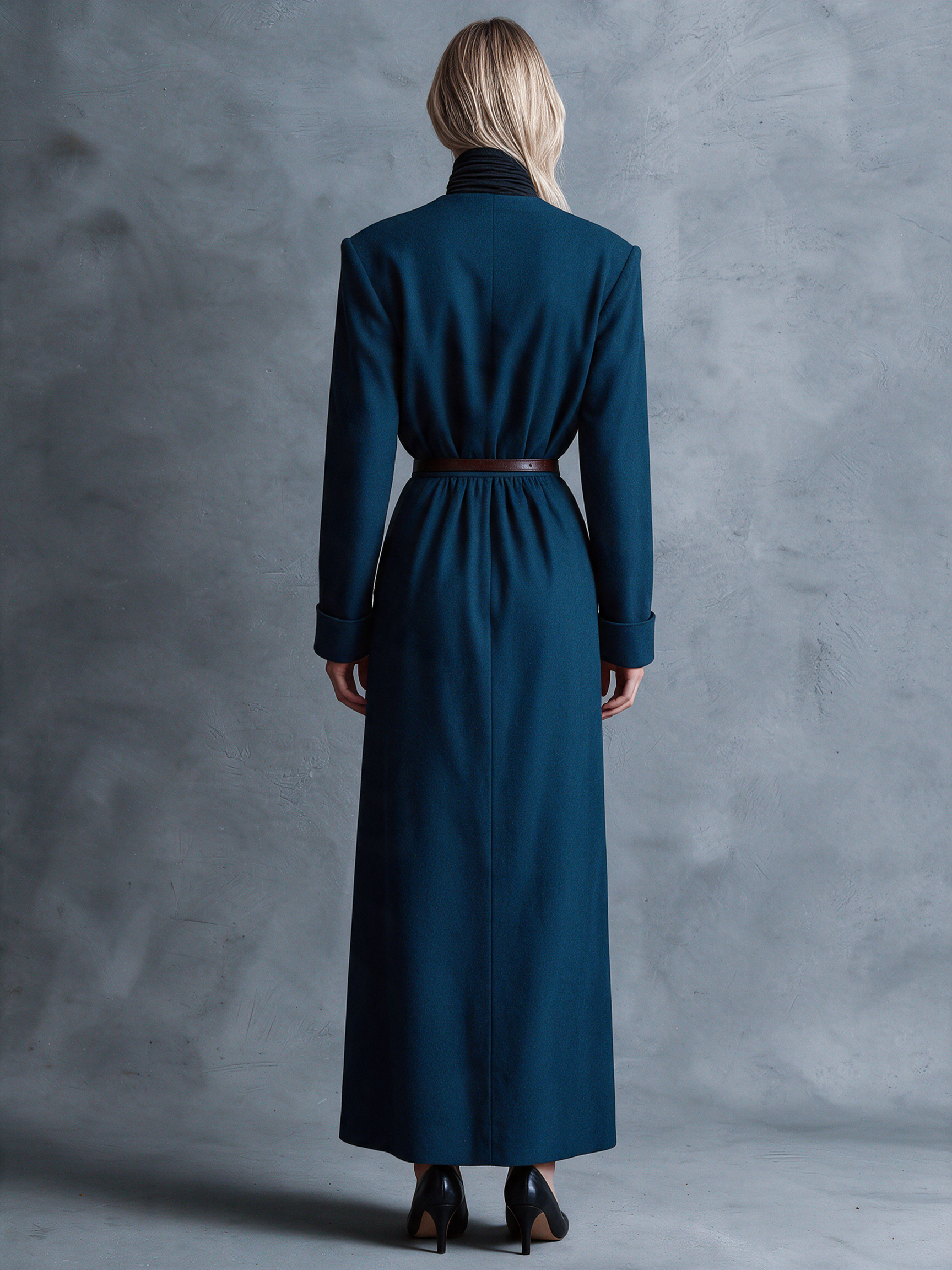 Women's Teal Mock‑Neck Asymmetric Button‑Front Padded Shoulder Wrap Skirt Long Sleeve Maxi Dress