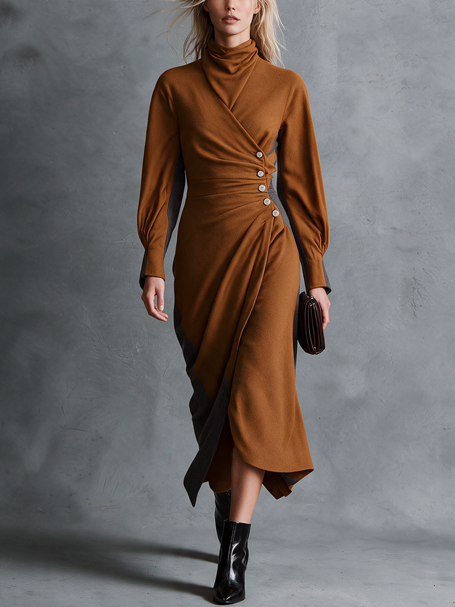 Women's Caramel Woolen Cowl‑Neck Wrap Front Ruched Waist Long Sleeve Asymmetric Hem Midi Dress