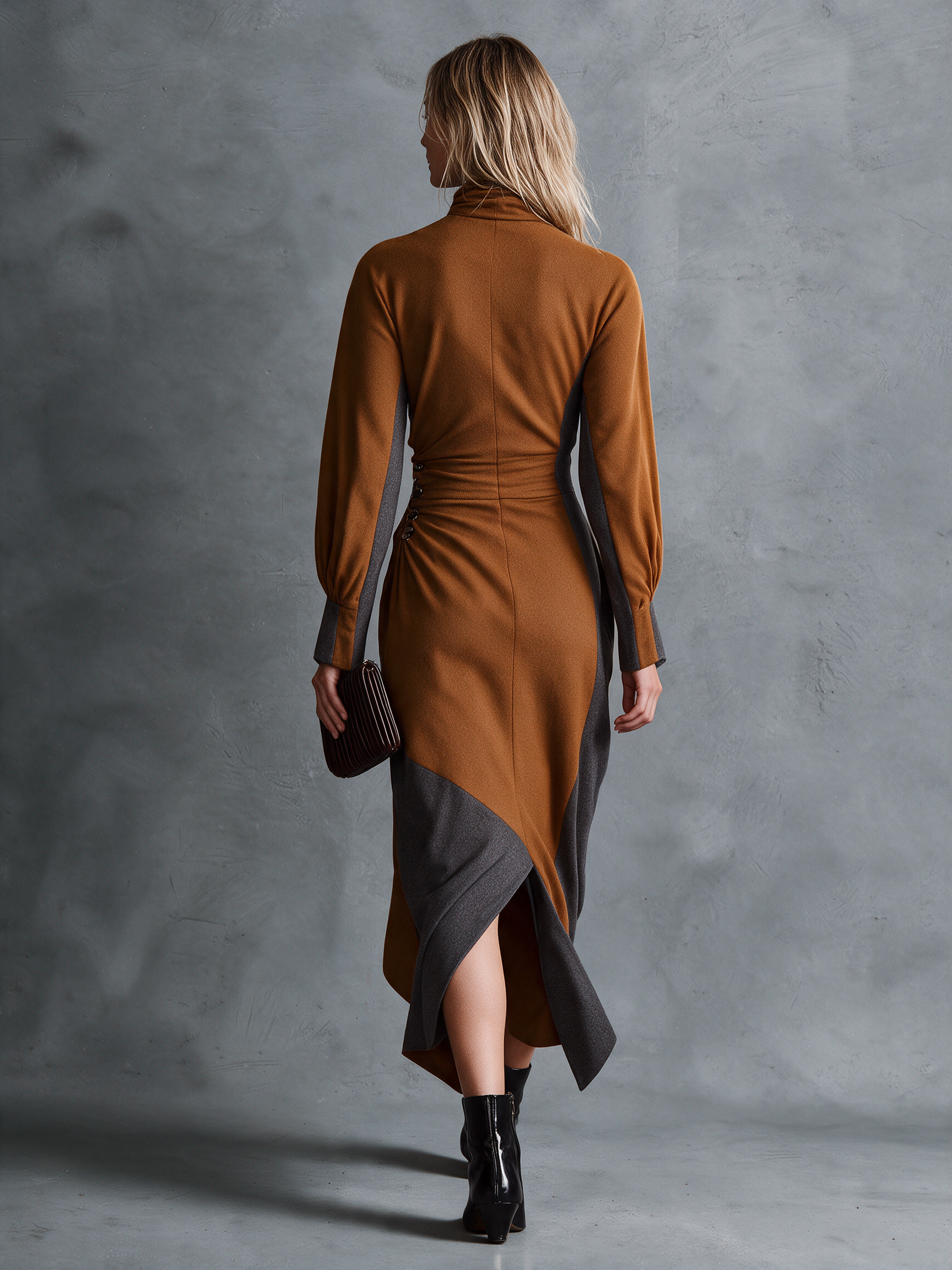 Women's Caramel Woolen Cowl‑Neck Wrap Front Ruched Waist Long Sleeve Asymmetric Hem Midi Dress
