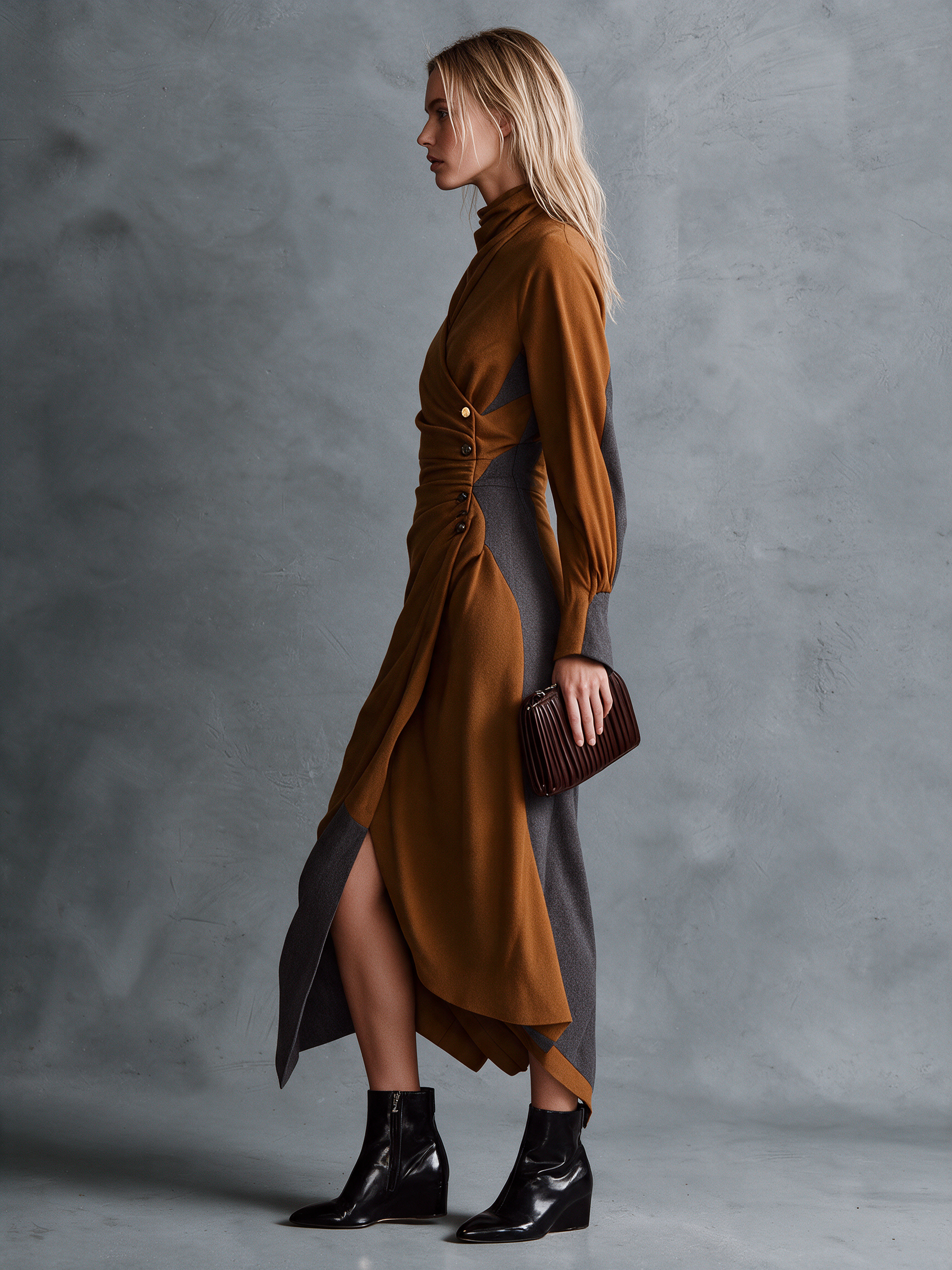 Women's Caramel Woolen Cowl‑Neck Wrap Front Ruched Waist Long Sleeve Asymmetric Hem Midi Dress