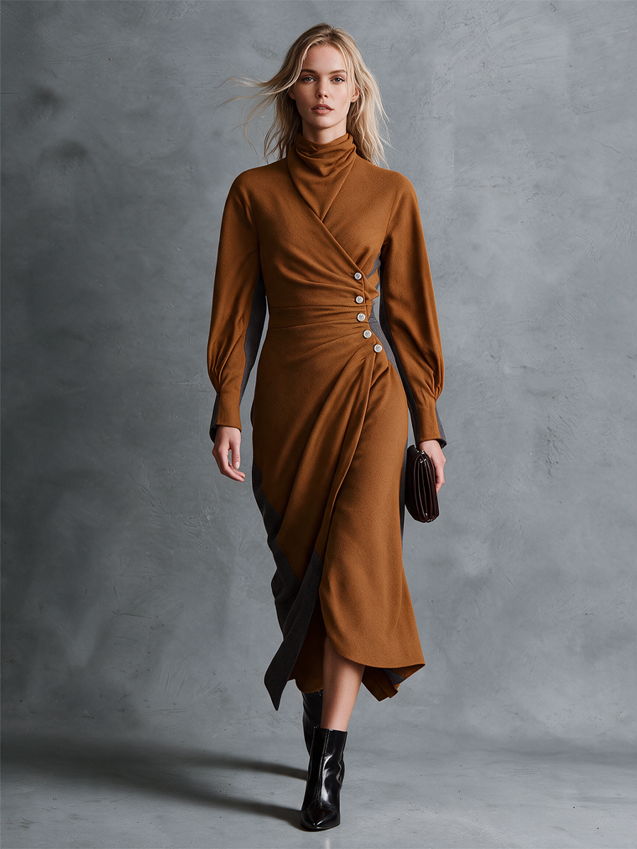 Women's Caramel Woolen Cowl‑Neck Wrap Front Ruched Waist Long Sleeve Asymmetric Hem Midi Dress