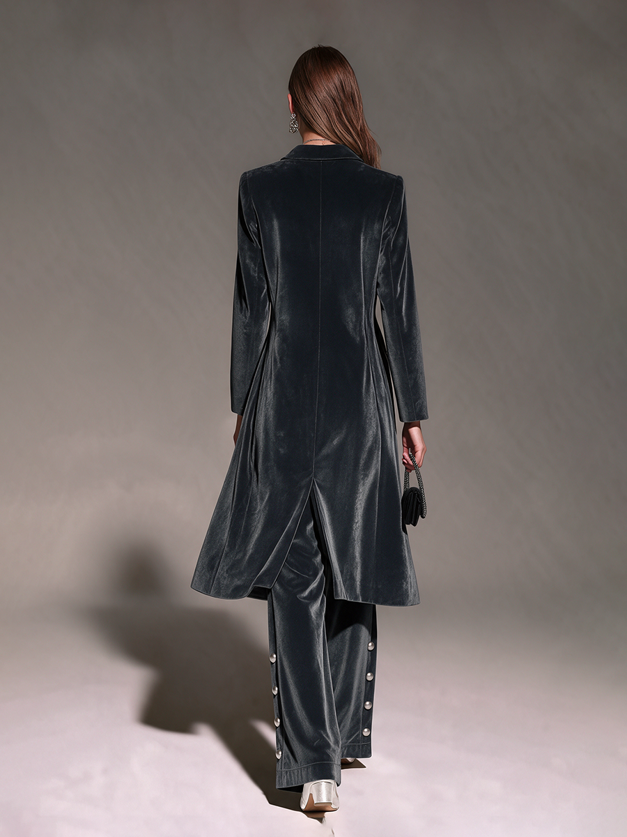 Women's Charcoal Velvet Elastic Waist Side-Button Wide-Leg Pants