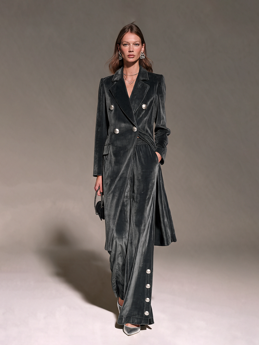 Women's Charcoal Velvet Elastic Waist Side-Button Wide-Leg Pants