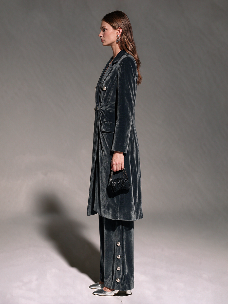 Women's Charcoal Velvet Elastic Waist Side-Button Wide-Leg Pants