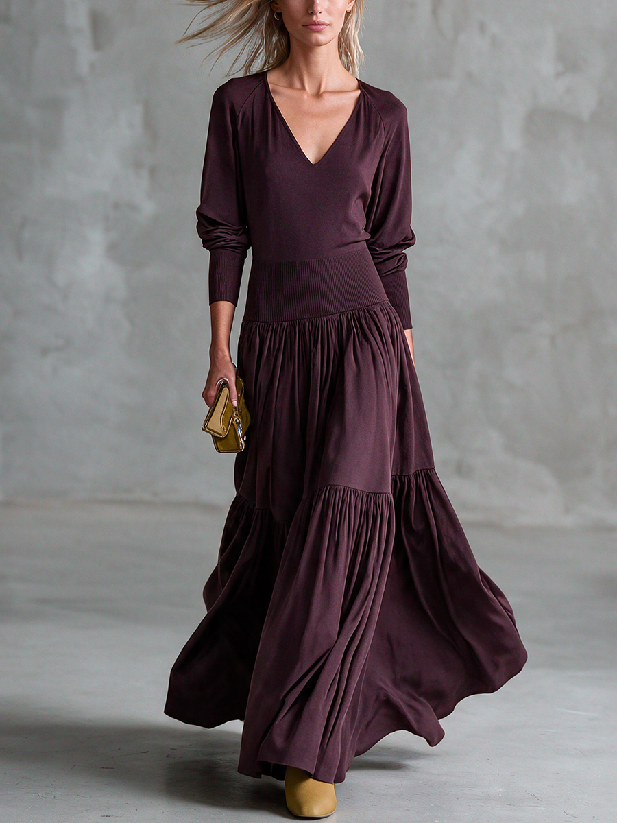 Women's Plum V‑Neck Long Sleeve Knit Tiered Maxi Dress With Fitted Bodice