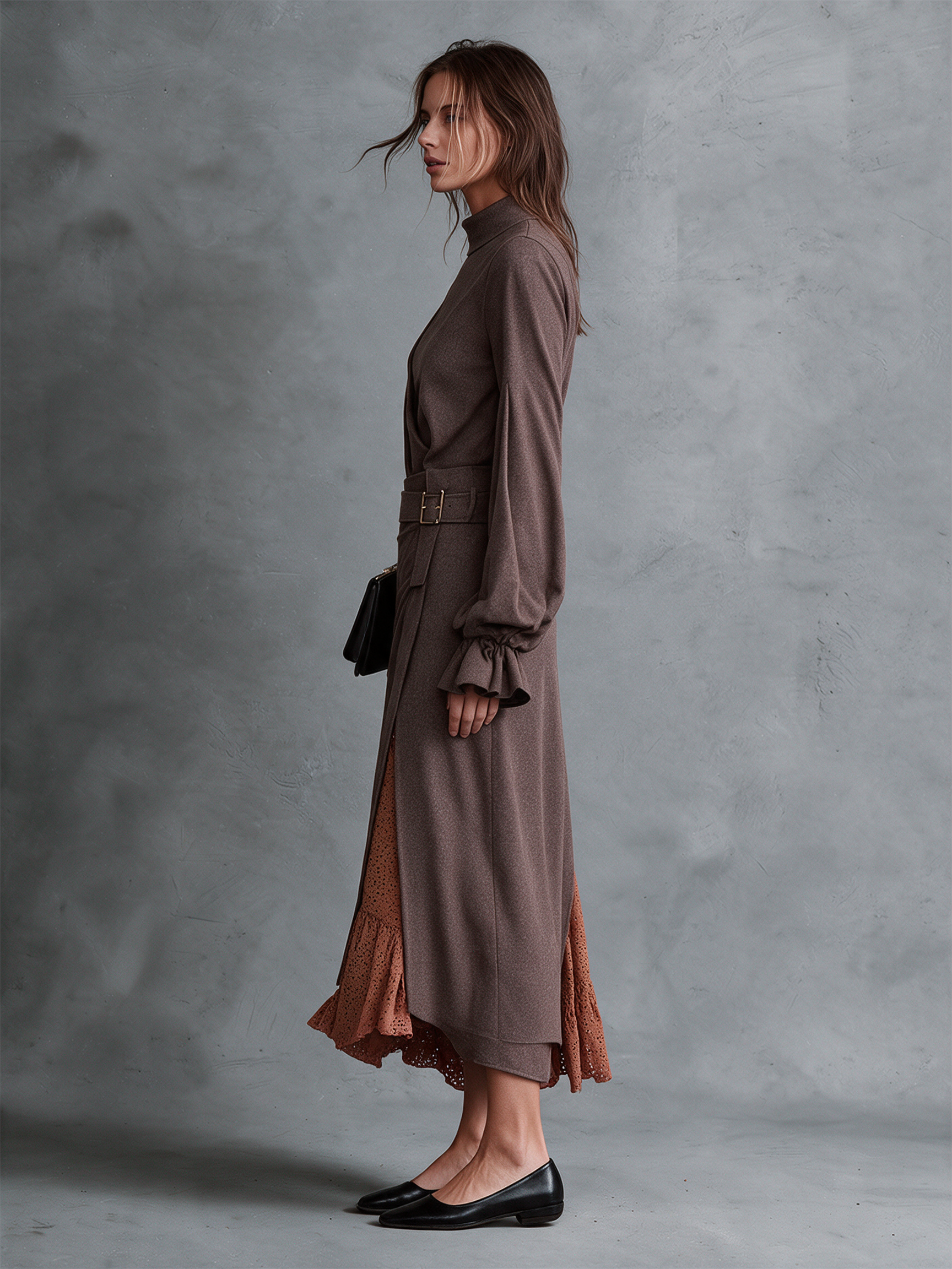 Women's Mocha Mock‑Neck Knit Wrap Front Belted Midi Dress With Bishop Sleeves And Tie Cuffs