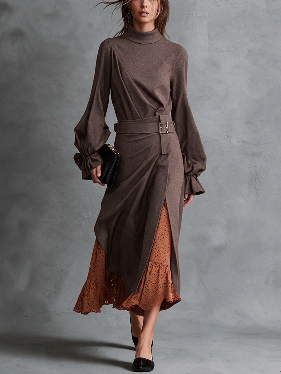 Women's Mocha Mock‑Neck Knit Wrap Front Belted Midi Dress With Bishop Sleeves And Tie Cuffs