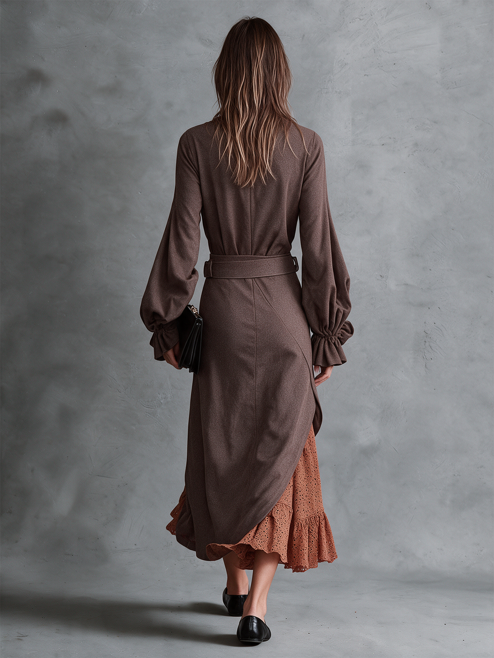 Women's Mocha Mock‑Neck Knit Wrap Front Belted Midi Dress With Bishop Sleeves And Tie Cuffs