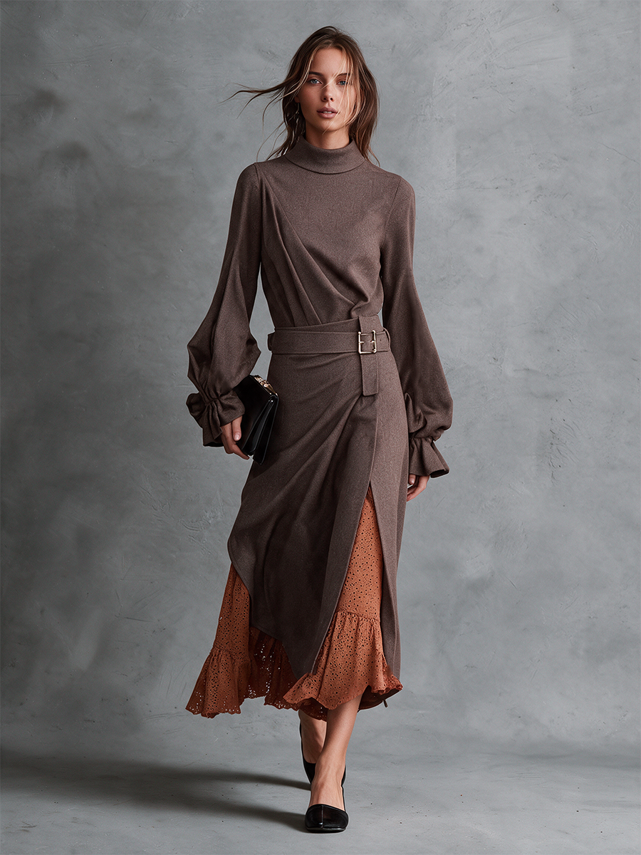 Women's Mocha Mock‑Neck Knit Wrap Front Belted Midi Dress With Bishop Sleeves And Tie Cuffs