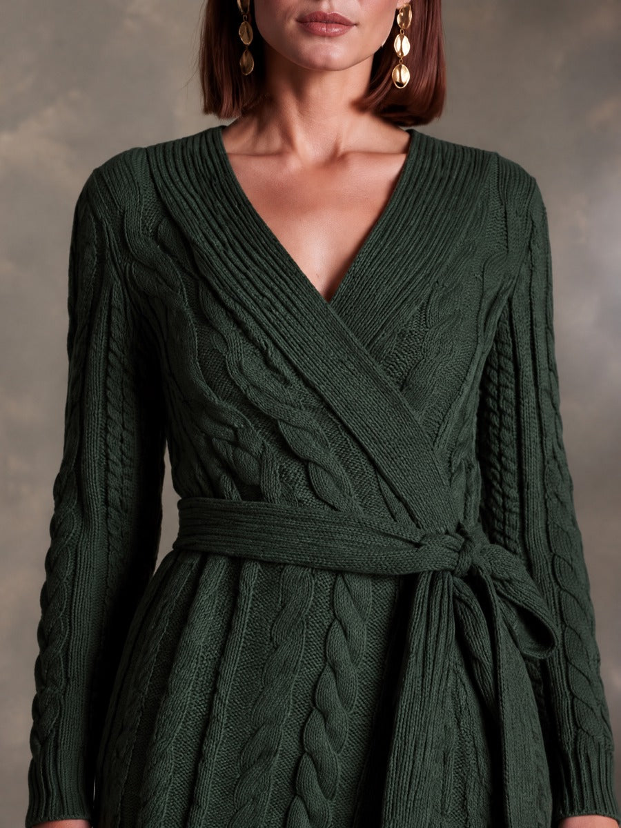 Women’s V-Neck Cable-Knit Midi Dress With Tie-Waist
