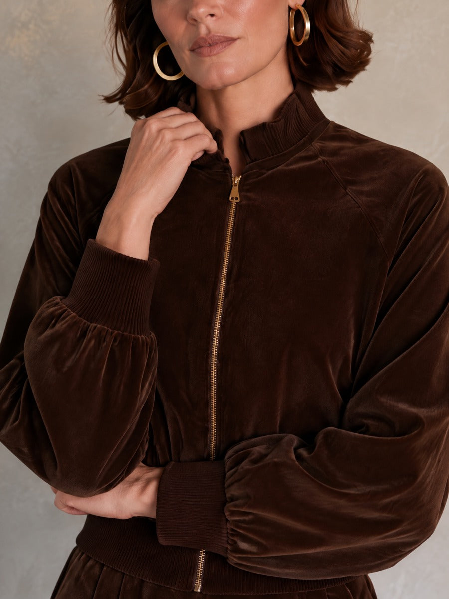Women’s Velvet Two-Piece Set With Stand-Collar Zip-Up Jacket