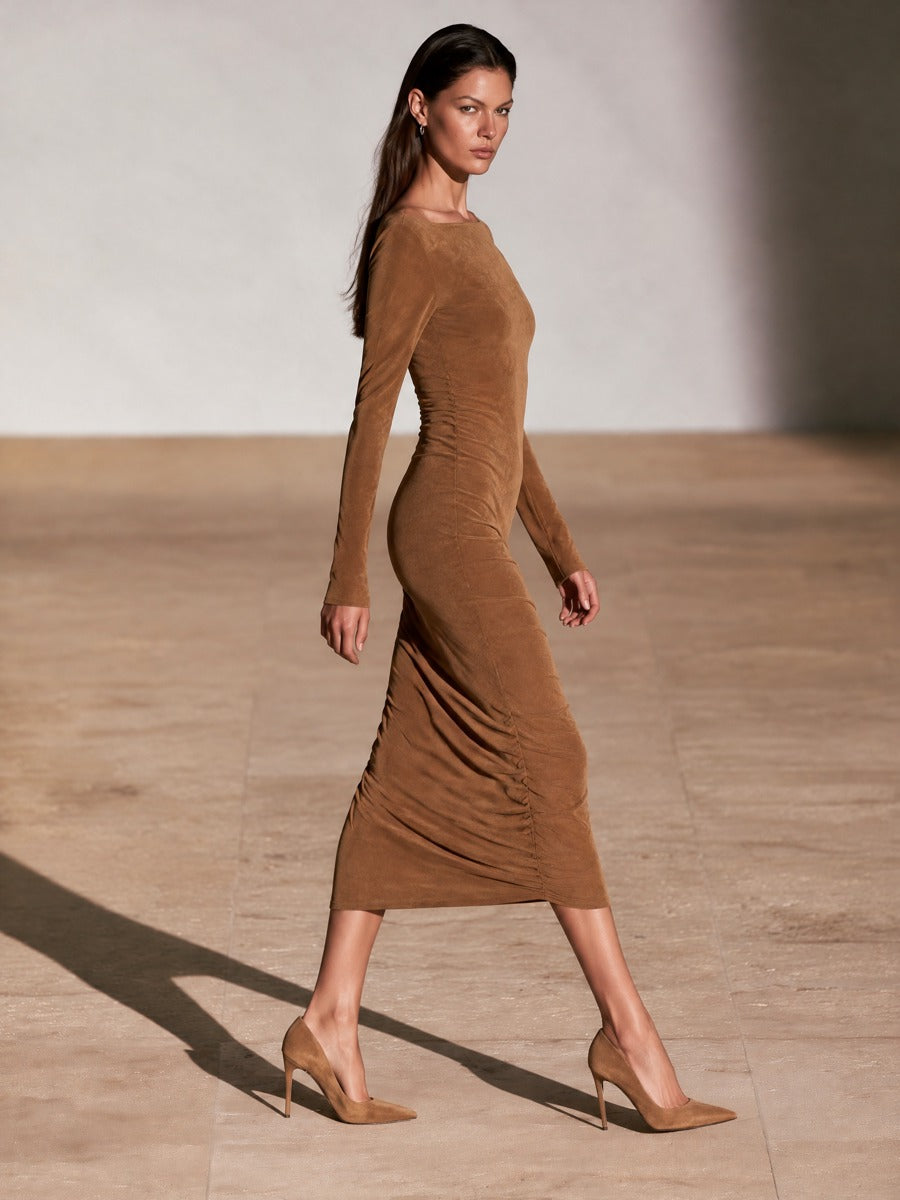 Women's Boat Neck Ruched Party Midi Dress