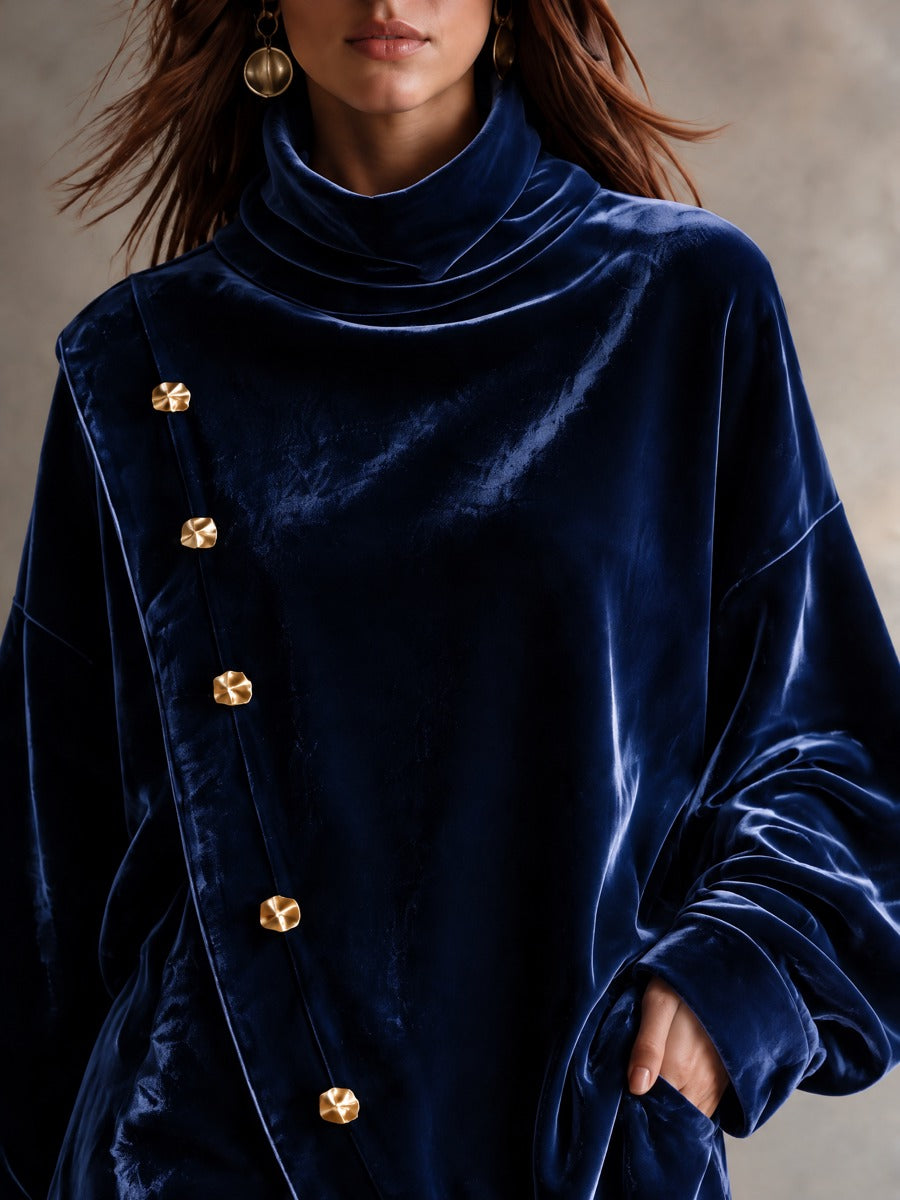 Women’s Velvet Two-Piece Set With High Neck And Asymmetric Metal Buttons