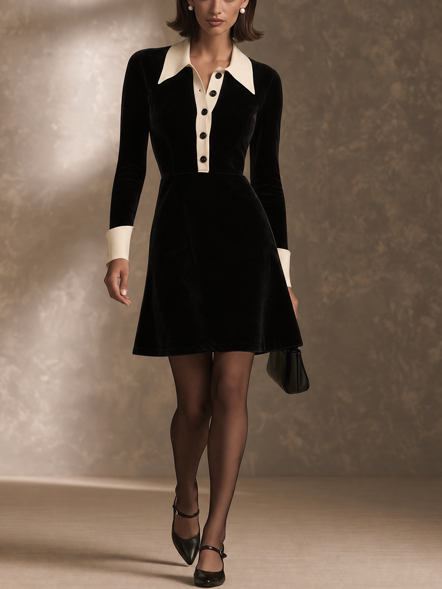 Women’s Color-Block Collared Velvet Mini Dress