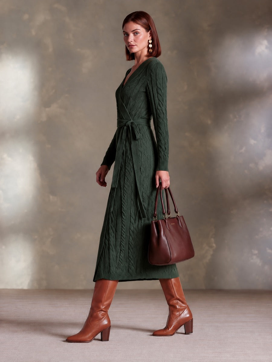 Women’s V-Neck Cable-Knit Midi Dress With Tie-Waist