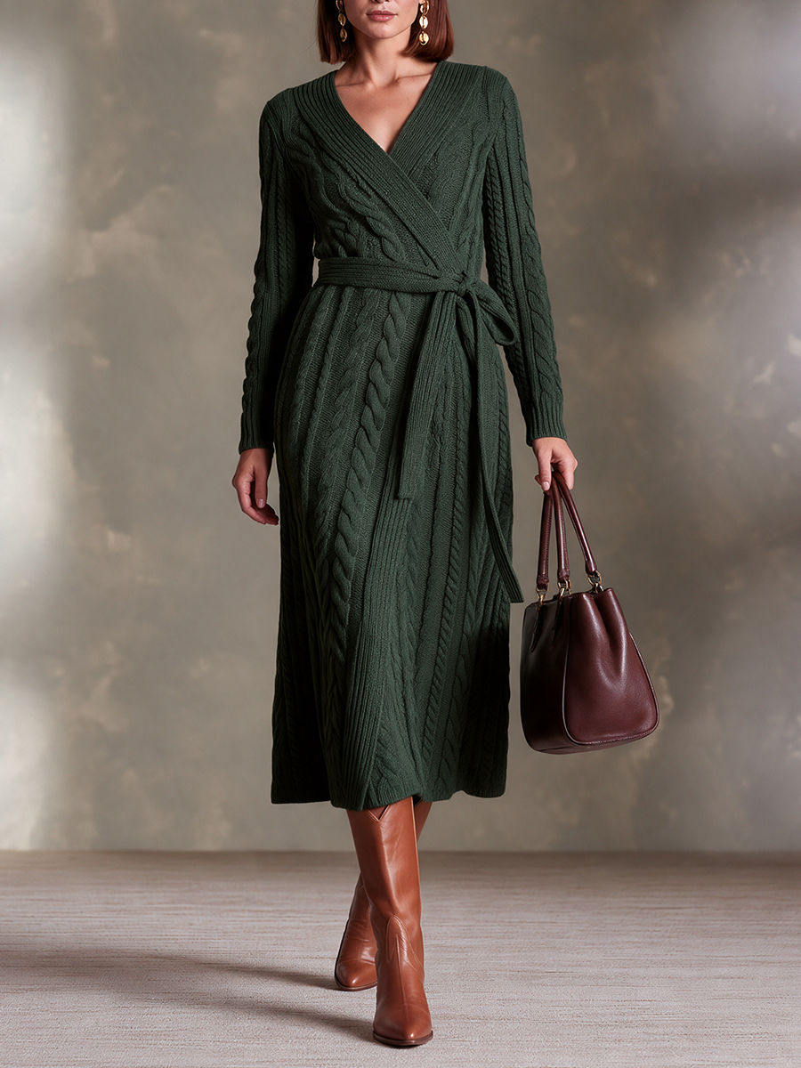 Women’s V-Neck Cable-Knit Midi Dress With Tie-Waist