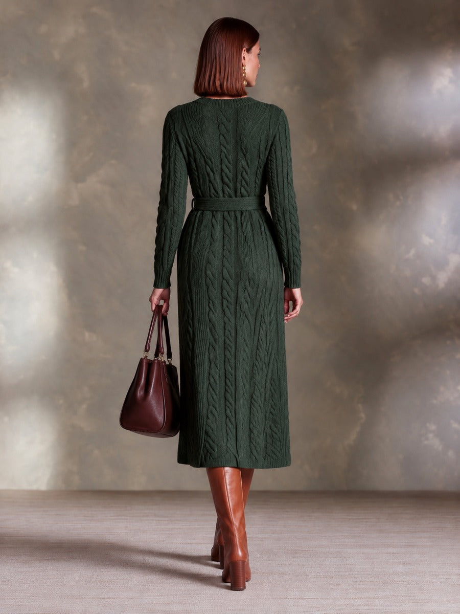 Women’s V-Neck Cable-Knit Midi Dress With Tie-Waist