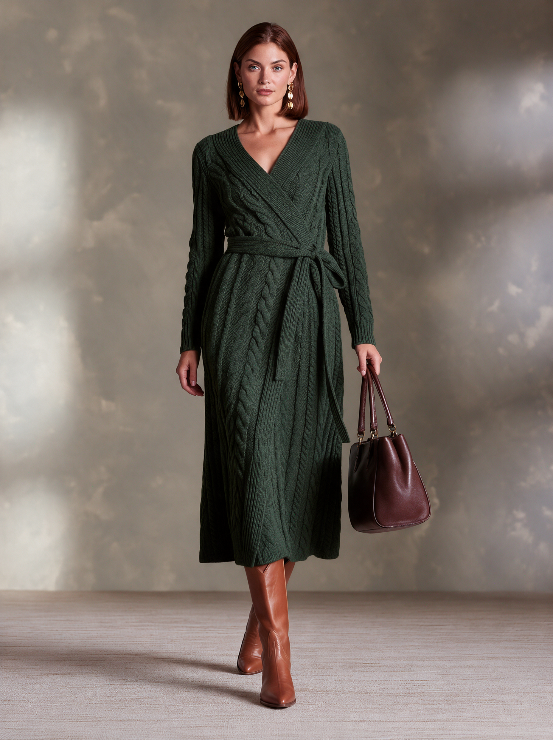 Women’s V-Neck Cable-Knit Midi Dress With Tie-Waist
