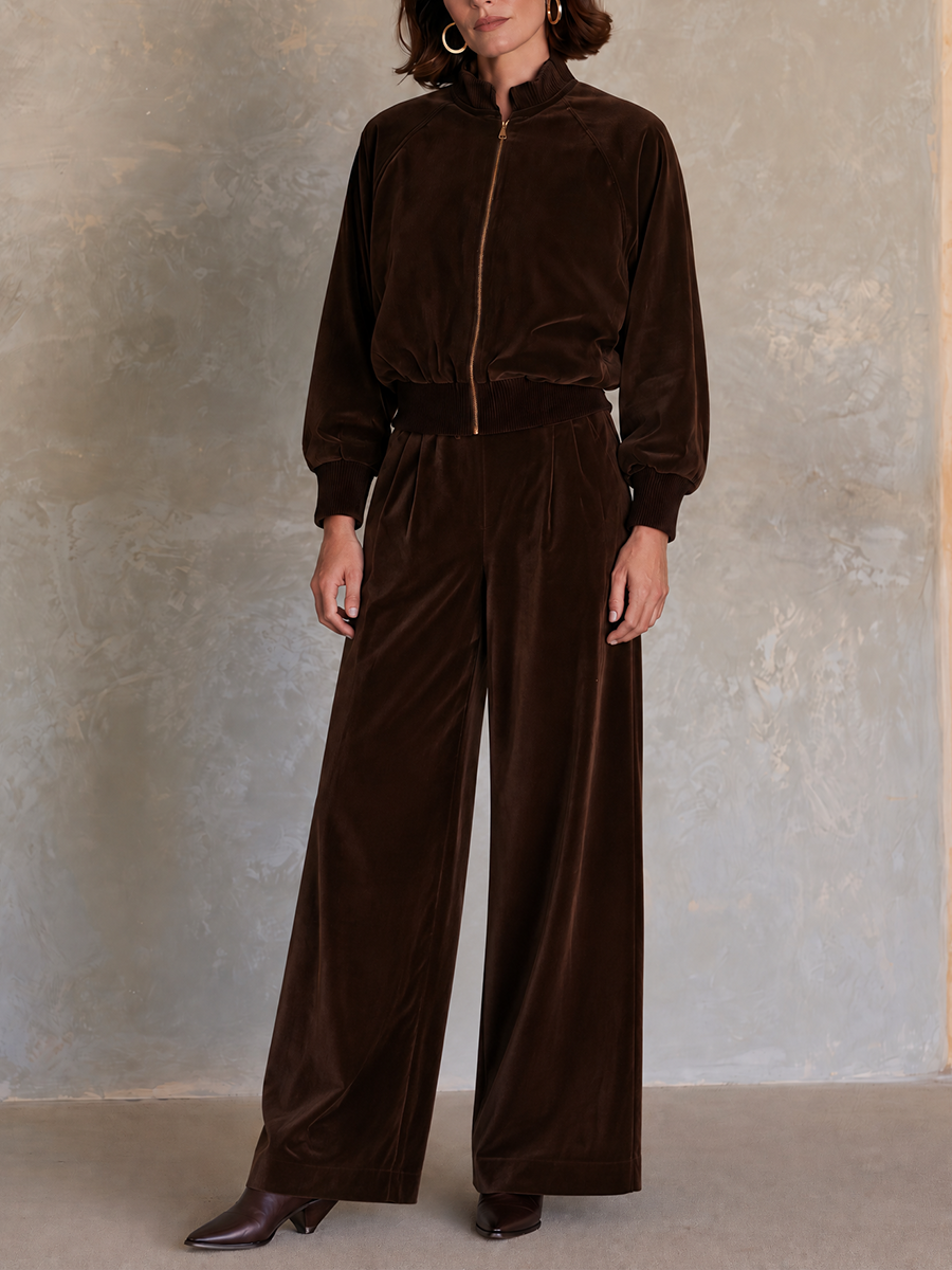 Women’s Velvet Two-Piece Set With Stand-Collar Zip-Up Jacket