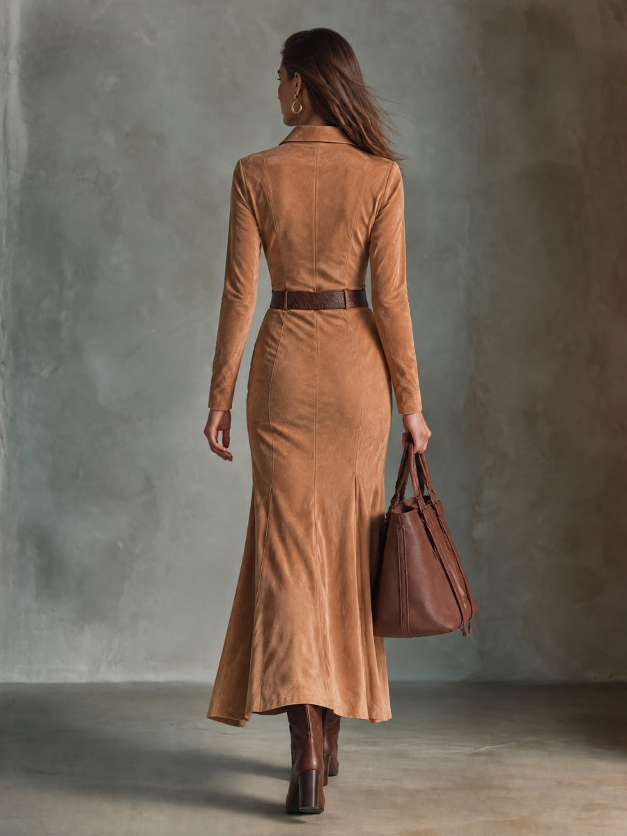 Women’s Suede-Effect Long Dress With Lapel And Zipper (Belt Not Included)