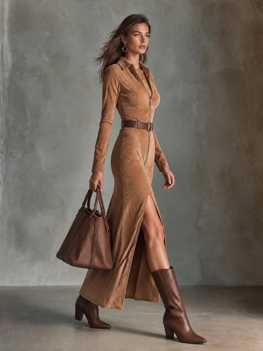 Women’s Suede-Effect Long Dress With Lapel And Zipper (Belt Not Included)