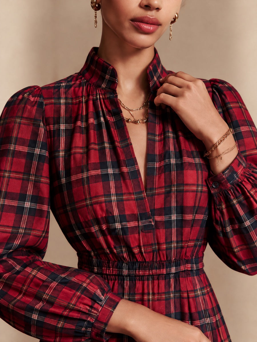 Women's Retro Plaid Waist-Defined Balloon Sleeve Mini Dress