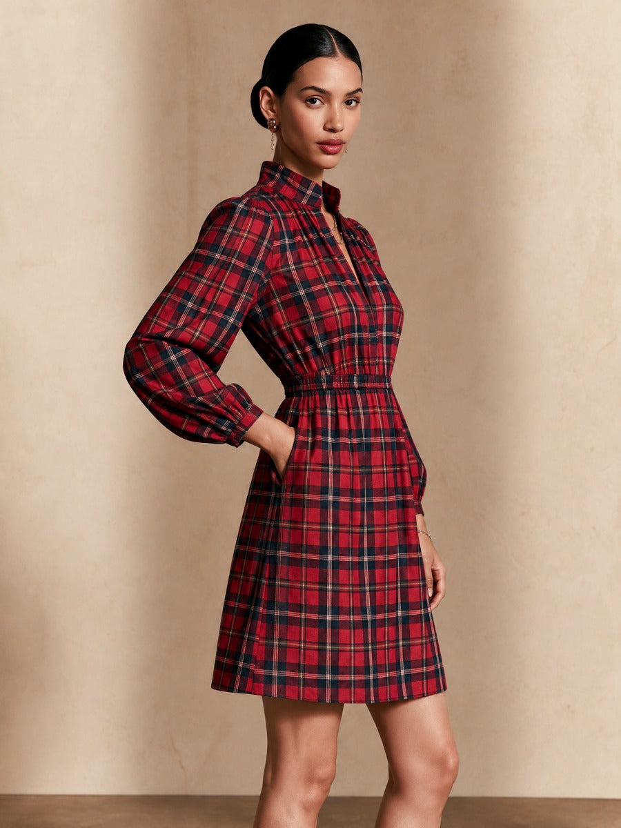 Women's Retro Plaid Waist-Defined Balloon Sleeve Mini Dress